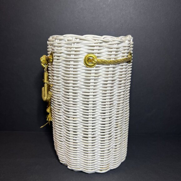 Vintage White & Gold Woven Wicker Nautical Anchor Basket Jar Canister 6.5 x 4" - Picture 3 of 7